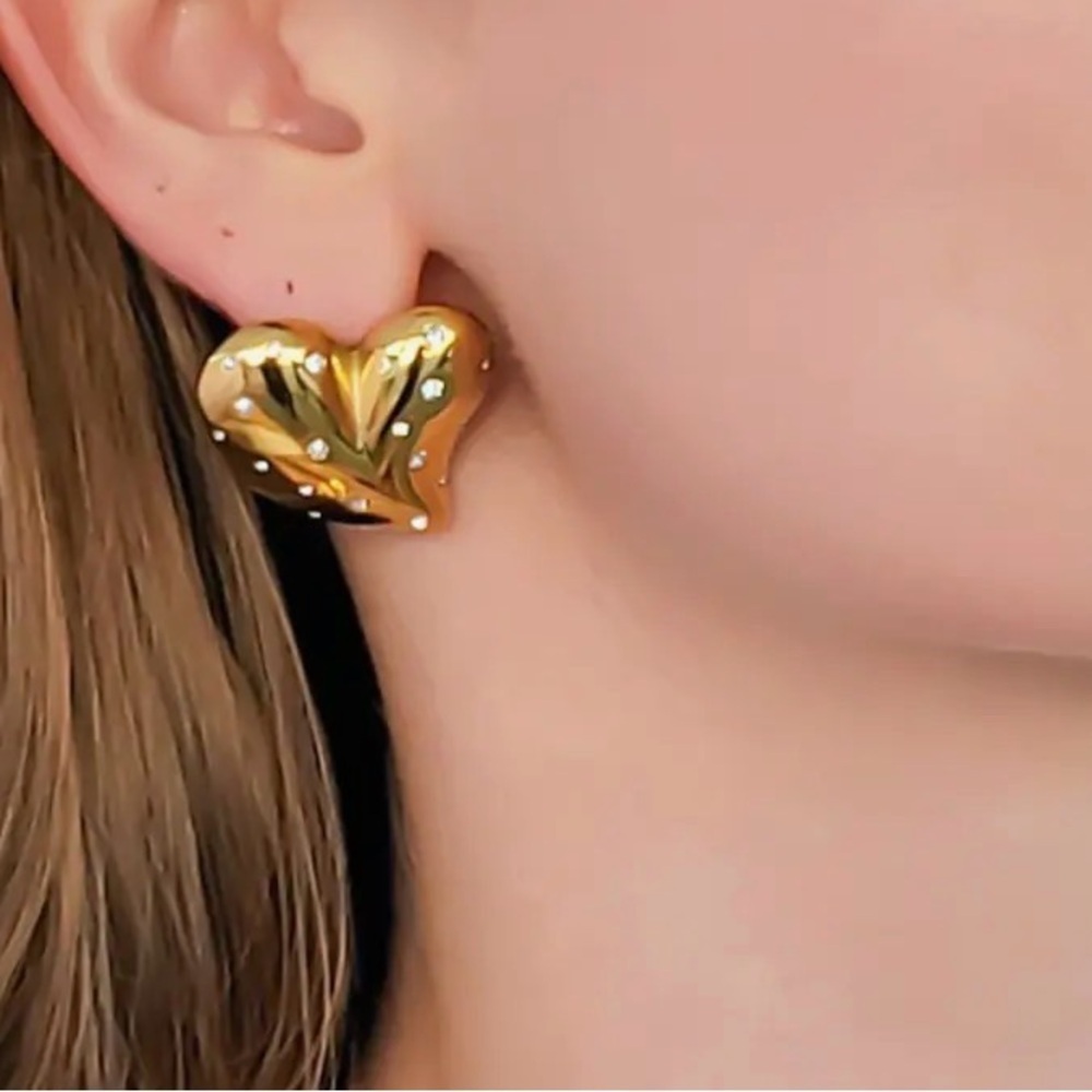 Gold Puffy Large CZ Heart Earrings (7025) - Picture 2 of 4